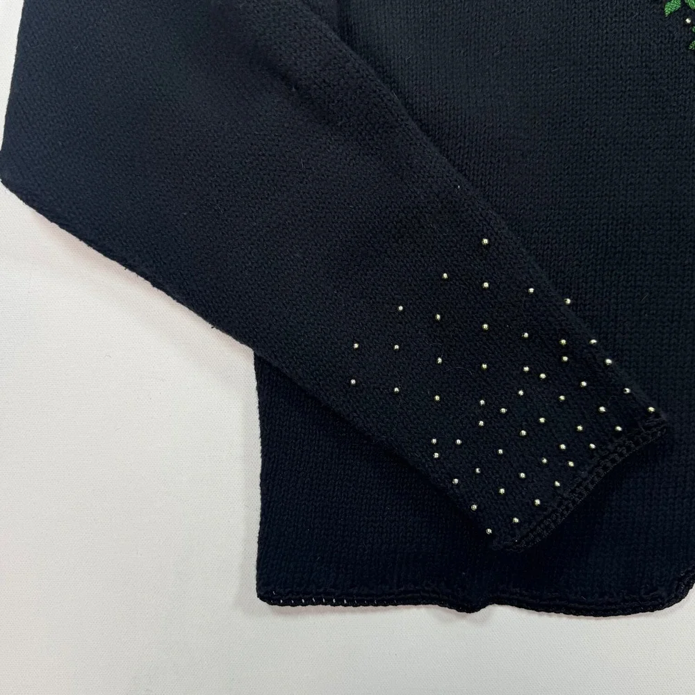 Christopher & Banks Christmas Cardigan Sweater Large Black Poinsettia Beaded L
